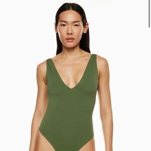 Aritzia Babaton Bodysuit Forest Green Sleeveless Contour Double V-Neck S